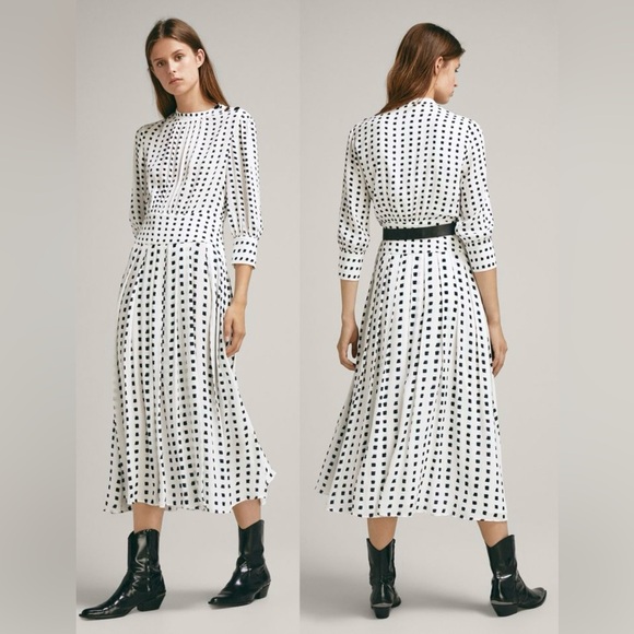 White Black Two-Tone Polka Dot Pleated Midi Dress Classic Stylish Elegant Modest - Picture 2 of 16